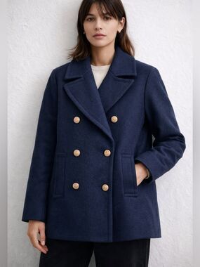 Aqua Navy Blue Double-Breasted Wool Blend Coat with Gold Buttons Sz M NWT